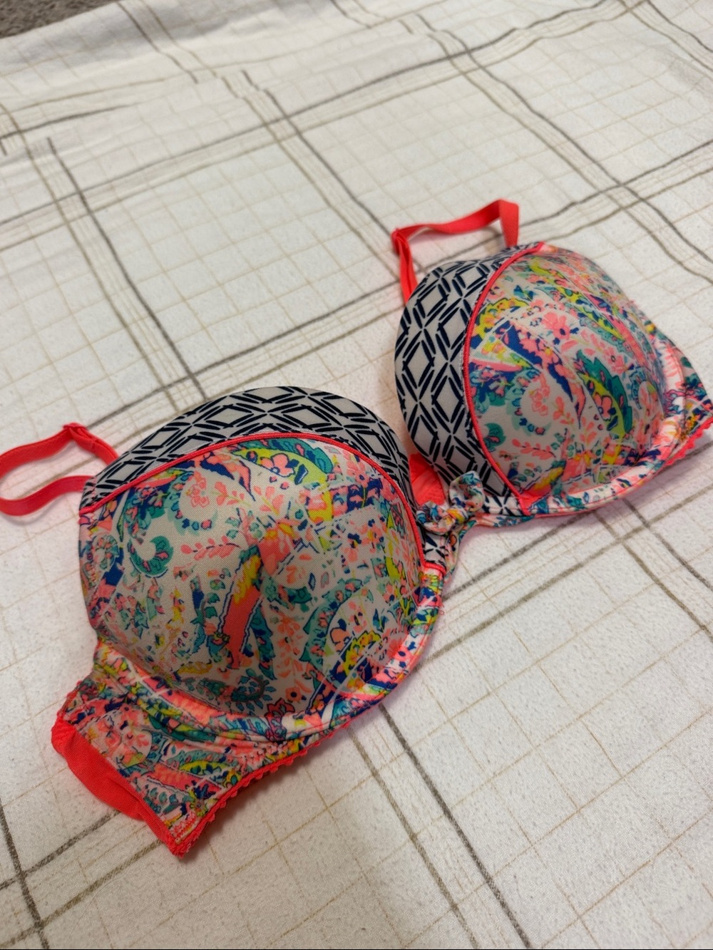 Victoria's Secret Neon Coral Strap Multicolor Floral Underwire Bra